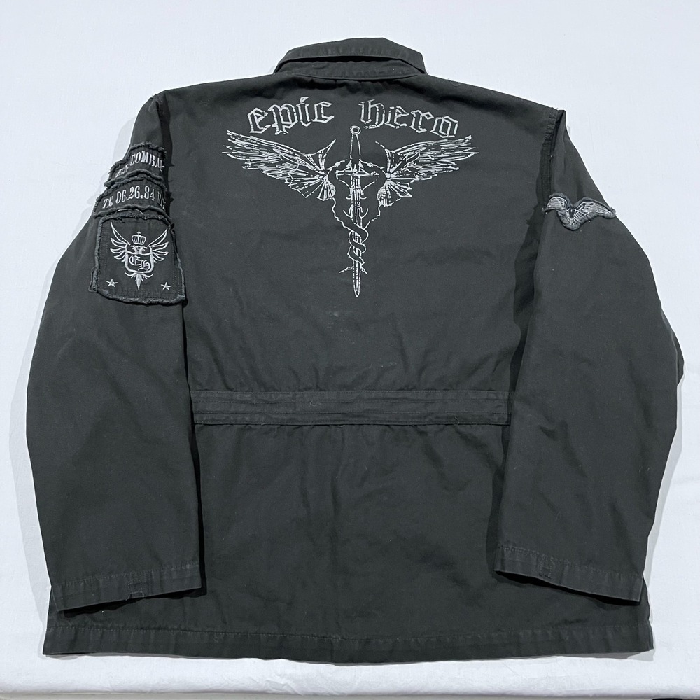 Y2K Epic Hero Mens Black Grunge Punk Biker Rocker Faded Button Up Shacket Fit XL